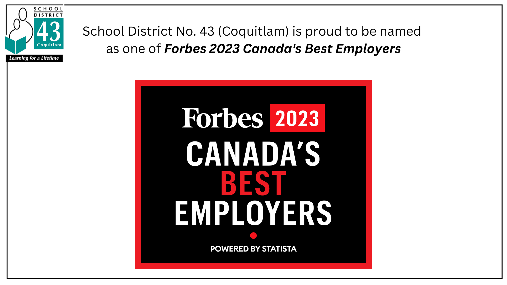 SD43 named a Forbes Canada Best Employer for 2023