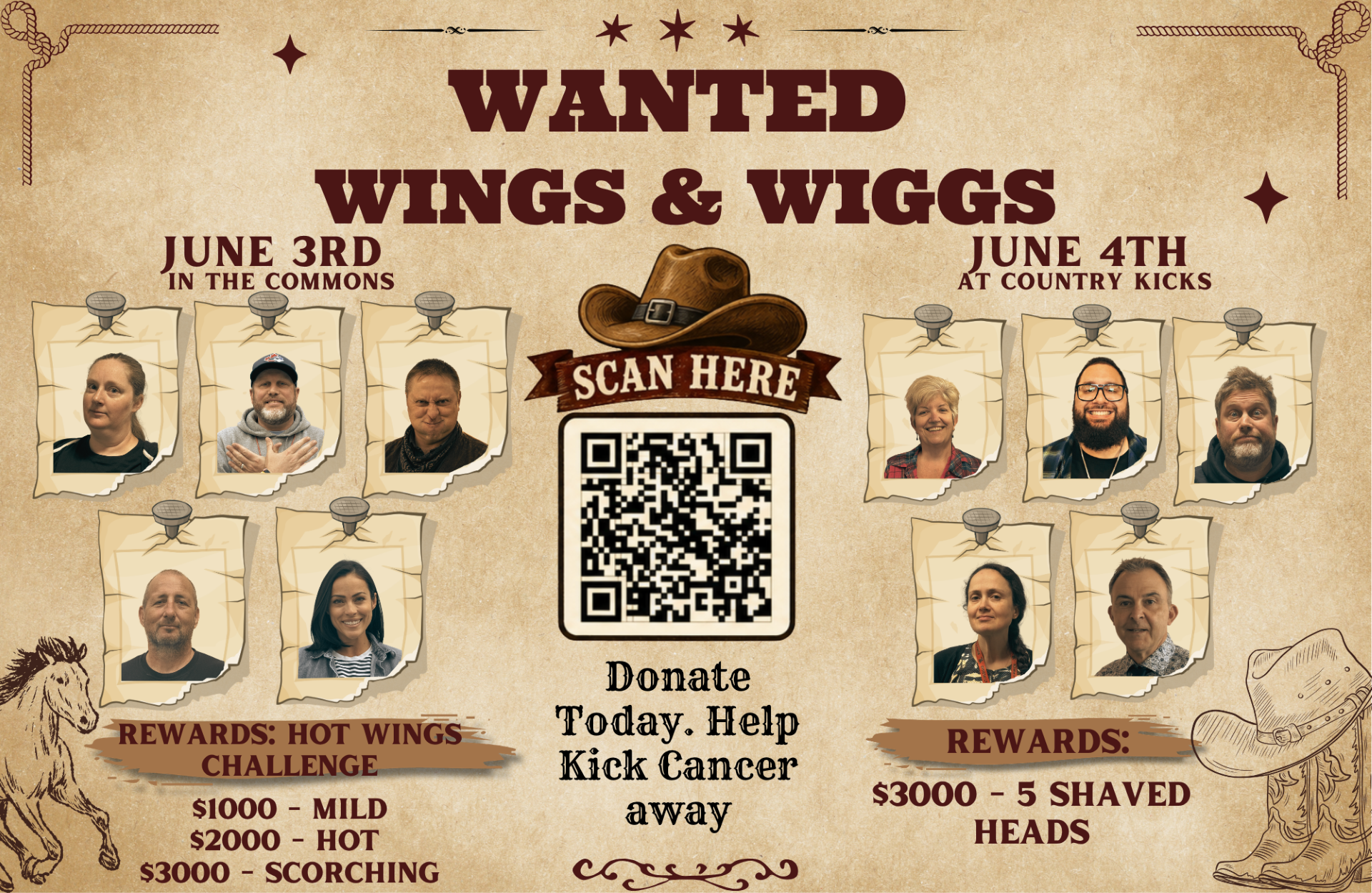 WANTED WINGS & WIGGS - Donate today to help kick CANCER away!